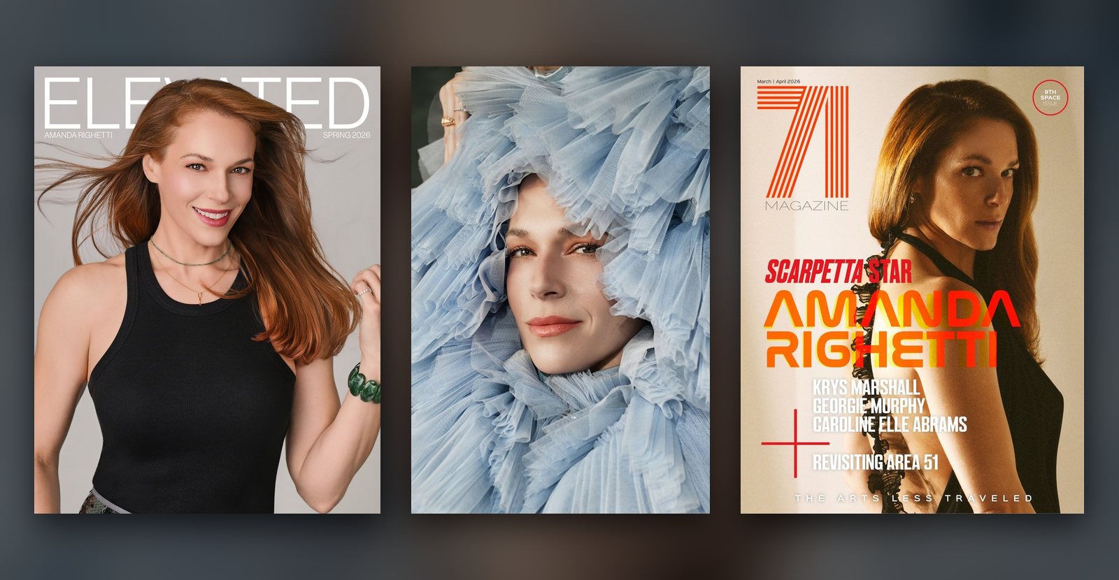 Amanda Righetti on the covers of Elevated, A Book Of and 71 Magazine, spring 2026, for Scarpetta